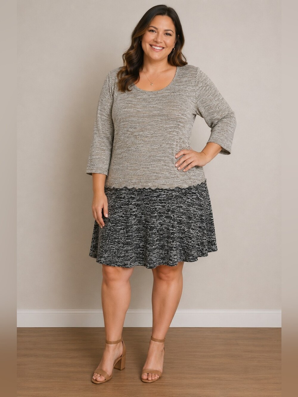 Reborn Two-Tone Knit Skirt Dress in Beige and Black Size XL